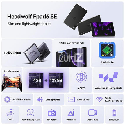HEADWOLF Fpad6 SE 8.7 inch 4G LTE Tablet PC, 4GB+128GB, Android 16 MT8781 Octa Core Support Dual SIM, Global Version with Google Play, Fpad6 SE