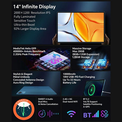 Teclast T70 4G LTE Tablet PC, 8GB+128GB, 14 inch Android 15 MediaTek Helio G99 Octa Core, Support Dual SIM, T70 8GB+128GB