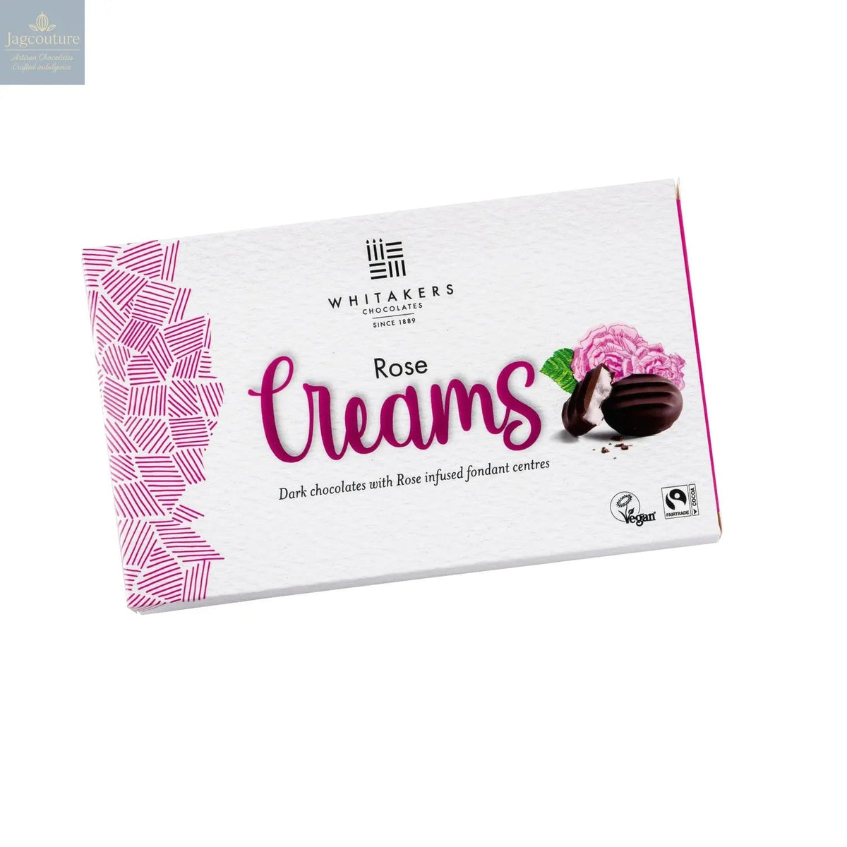 Whitakers dark chocolate covered rose fondant creams in carton