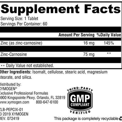 XYMOGEN PepciX Zinc with L-Carnosine for Gut Health - 60 Tablets