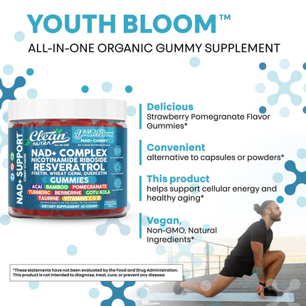 Youth Bloom NAD+ Gummies - Resveratrol, Turmeric & Collagen (60 Ct) | Clean Nutra