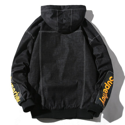 Hooded Casual Letter Print Tooling Denim Jacket for Men