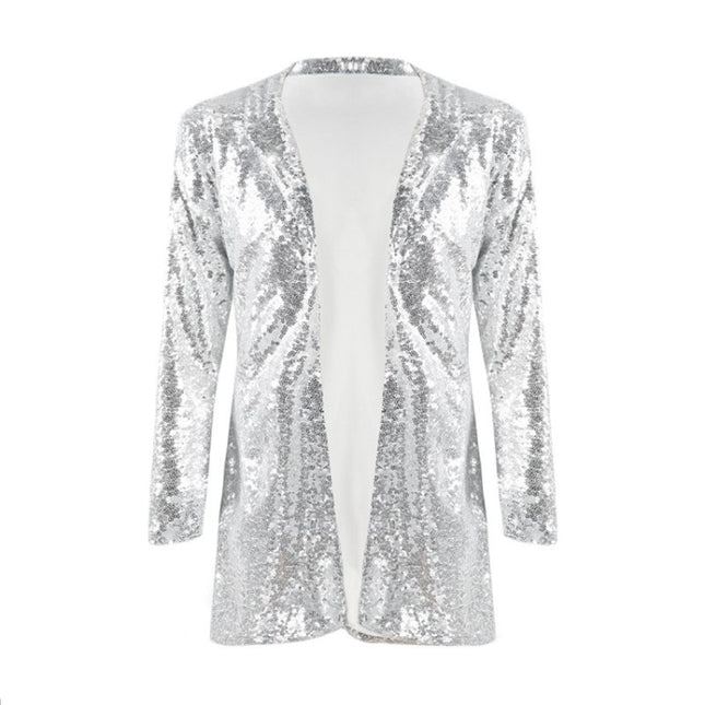 Women Sequined Suit Jacket Without Buckle Stage Clothing(Color:Black Size:XXL)