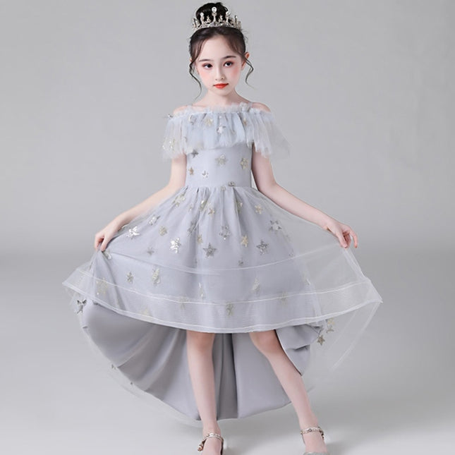 Five-pointed Star Pattern Short Front and Long Back Lace Princess Dress Pettiskirt Performance Formal Dress for Girls