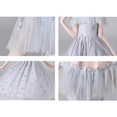 Five-pointed Star Pattern Short Front and Long Back Lace Princess Dress Pettiskirt Performance Formal Dress for Girls