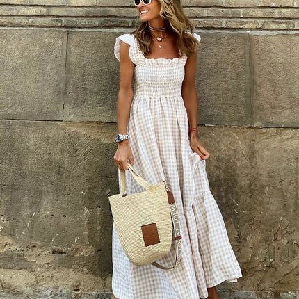 Summer Plaid Print Pleated Ruffle Dress INS Fashion Sleeveless A-line Swing Beach Dress Women's Clothing