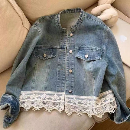 Retro Washed Small Stand Collar Lace Stitching Loose Casual Denim Coat Women's Short