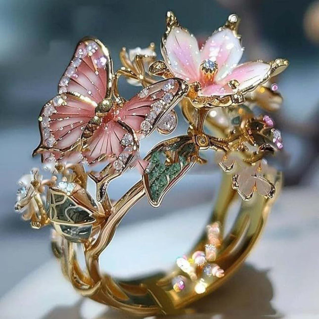 INS Flower Butterfly Ring With Rhinestones And Oil Dropping Design Fashion Personalized Jewelry For Women