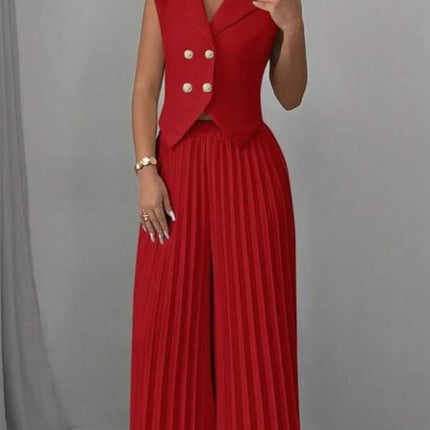 Summer Sleeveless Suit Fashion Lapel Button Vest Top And Pleated Straight Pants Women's Trousers Set Clothing