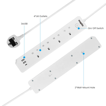 Maplin 1.8m 4 Socket 13 Amp Extension Lead with 2x USB-A / 1x USB-C Ports