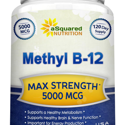 aSquared Nutrition Vitamin B12-5000 mcg (Methylcobalamin) – 120 Tablets | Max Strength Energy, Brain & Heart Support