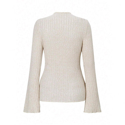 Long Sleeve Round Neck Brushed Sunken Stripe Solid Color Slim Fit Top