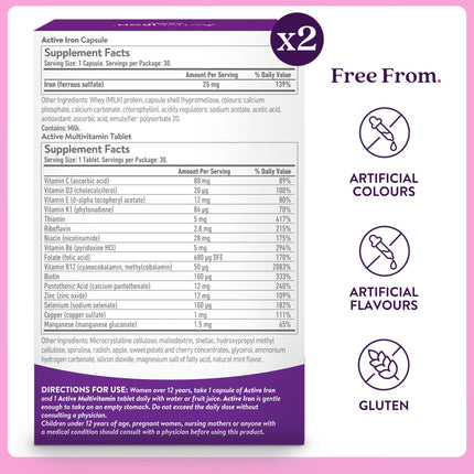 ActiveIron Iron + Multivitamin for Women – Gentle 25mg Iron, Non-Constipating | 60 Capsules + 60 Tablets