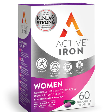 Active Iron 25mg + Women’s Multivitamin – Clinically Proven Energy Support (30 Capsules + 30 Tablets)