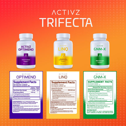 ACTIVZ Trifecta: GNM-X, Optimend & LINQ 3 Pack – Nrf2 Activation, Flexibility, Brain & Gut Function