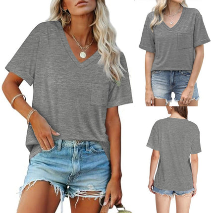 Loose Casual V-neck Pocket Solid Color Short Sleeve T-shirt