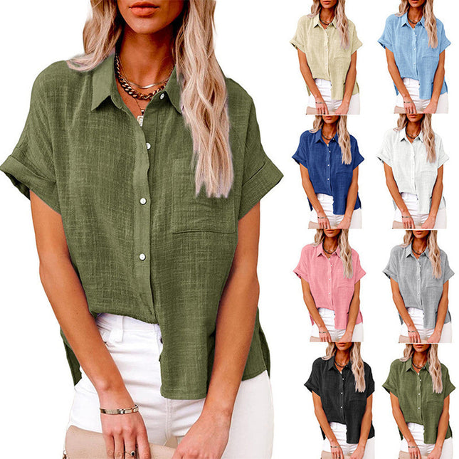 Summer Lapel Short Sleeve Shirt With Pockets Fashion Casual Solid Color Button Tops Women's Clothing