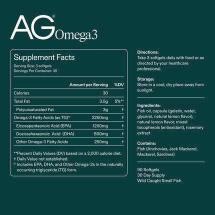 AG1 Omega3 Fish Oil Softgels – 2000mg EPA & DHA from Wild-Caught Fish | 90 Capsules | Athletic Greens