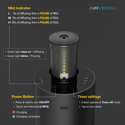 Airversa Waterless Essential Oil Diffuser - 3 Timers, 3 Mist Levels, ANX Premium Metal Gold