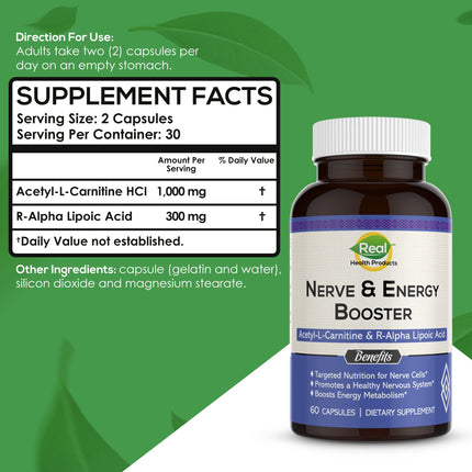 ALA Supplement - R-Alpha Lipoic Acid 300mg & Acetyl L-Carnitine 1000mg – Nerve, Cardiovascular & Cognitive Support (60 Capsules)