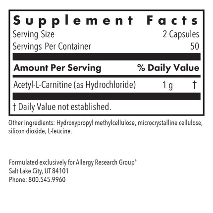 Allergy Research Group Acetyl-L-Carnitine 500mg – Metabolism & Energy Support, 100 Count
