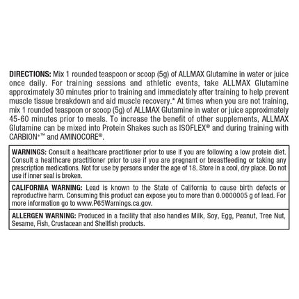 ALLMAX Nutrition L-Glutamine Powder – Muscle Recovery Formula | Gluten Free, Vegan | 1000 Grams