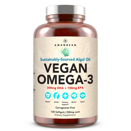 AMANDEAN Vegan Omega-3 Supplement – Algae DHA & EPA, Carrageenan-Free (120ct)