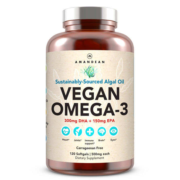 AMANDEAN Vegan Omega-3 Supplement – Algae DHA & EPA, Carrageenan-Free (120ct)