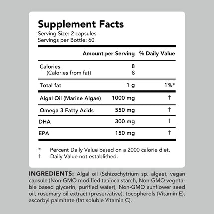 AMANDEAN Vegan Omega-3 Supplement – Algae DHA & EPA, Carrageenan-Free (120ct)