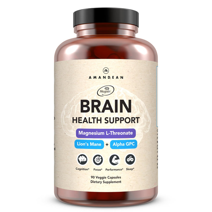 AMANDEAN Brain Supplement | Nootropic for Memory, Focus & Clarity | Magtein, Lion's Mane, Alpha GPC | 90 Veggie Capsules