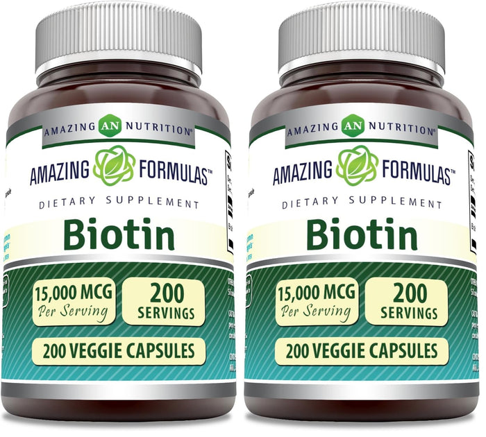 Amazing Formulas Biotin 15000 mcg – Supports Healthy Hair, Skin & Nails | 200 Capsules (Pack of 2)