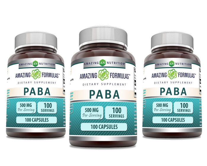 Amazing Formulas PABA Supplement - 500 Mg Per Serving | 100 Capsules | Non-GMO | Gluten Free | Made in USA (3 Pack)