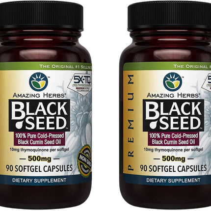Amazing Herbs Premium Black Seed Oil Capsules – 90 Count x 2, 500mg, Gluten Free & Non-GMO
