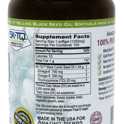 Amazing Herbs Black Seed Oil Pills 1250mg | 100 Softgel Capsules | Cold-Pressed, Non-GMO