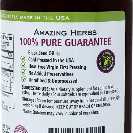 Amazing Herbs Black Seed Oil Pills 1250mg | 100 Softgel Capsules | Cold-Pressed, Non-GMO