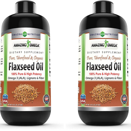 Amazing Omega Flaxseed Oil Supplement | Omega 3, Lignans & Fiber | 16 Oz | Non-GMO | Gluten Free | Made in USA (Pack of 2)