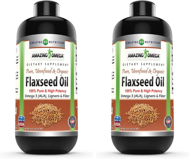 Amazing Omega Flaxseed Oil Supplement | Omega 3, Lignans & Fiber | 16 Oz | Non-GMO | Gluten Free | Made in USA (Pack of 2)