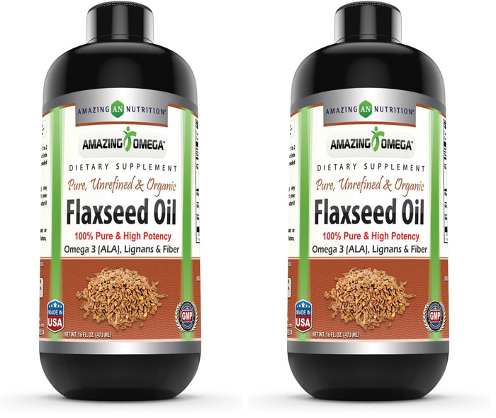 Amazing Omega Flaxseed Oil Supplement | Omega 3, Lignans & Fiber | 16 Oz | Non-GMO | Gluten Free | Made in USA (Pack of 2)