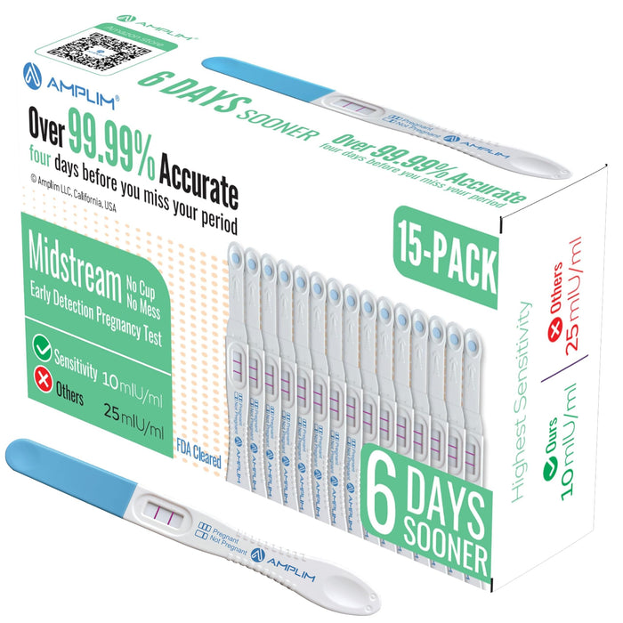 Amplim Early Detection Pregnancy Test, 15 Count – 99.99% Accurate, 10 mIU/mL HCG Strips