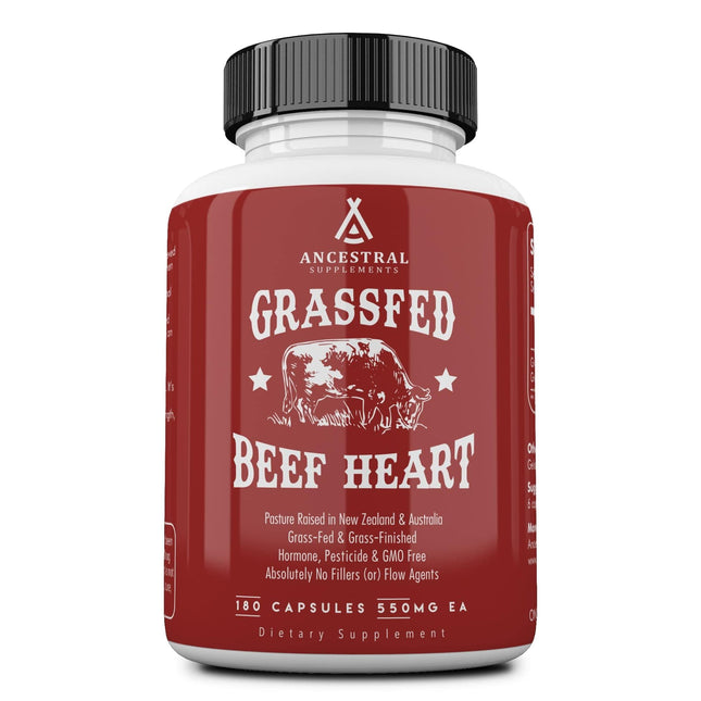 Ancestral Supplements Grass-Fed Beef Heart 3300mg – CoQ10, 180 Capsules, Non-GMO