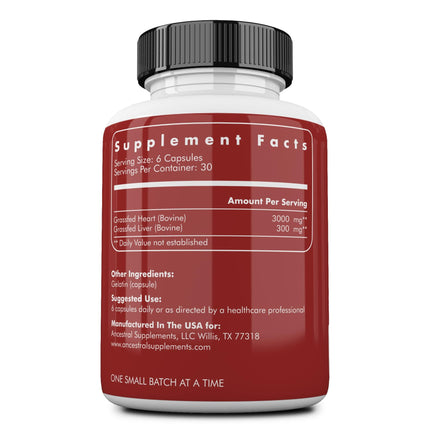 Ancestral Supplements Grass-Fed Beef Heart 3300mg – CoQ10, 180 Capsules, Non-GMO