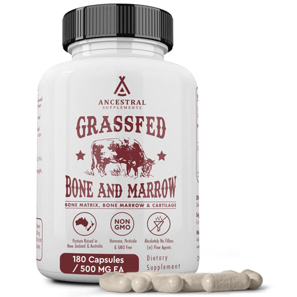 Ancestral Supplements Grass-Fed Beef Bone & Marrow — 180 Capsules (3000mg) for Joint, Skin & Oral Health