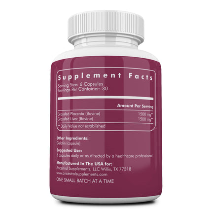 Ancestral Supplements Grass-Fed Placenta & Liver 180 Capsules – Postpartum Support, Menopause Relief
