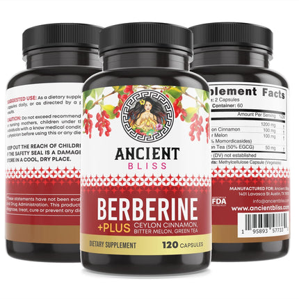 Ancient Bliss Berberine HCL 1200mg with Ceylon Cinnamon, Bitter Melon, and Green Tea Extract - 120 Capsules