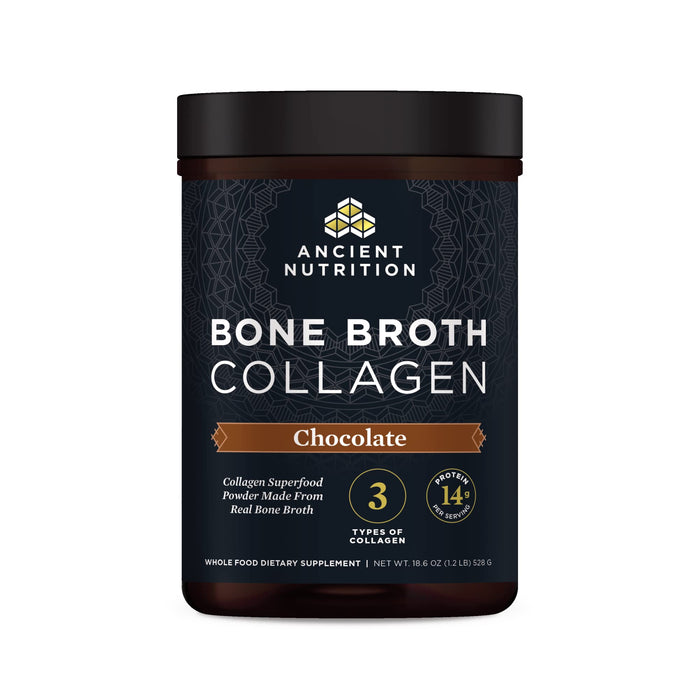 Ancient Nutrition Bone Broth Collagen Chocolate Powder – Hydrolyzed Multi-Collagen Peptides, 18.6oz, 30 Servings
