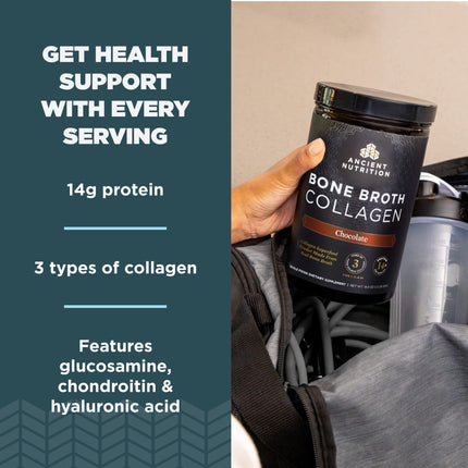Ancient Nutrition Bone Broth Collagen Chocolate Powder – Hydrolyzed Multi-Collagen Peptides, 18.6oz, 30 Servings