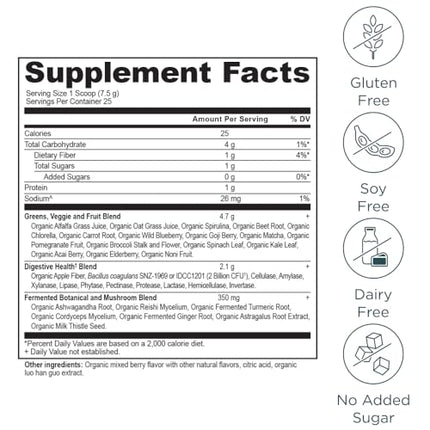 Ancient Nutrition SuperGreens Powder with Probiotics – Organic Berry Flavor, 25 Servings, 6.7 oz