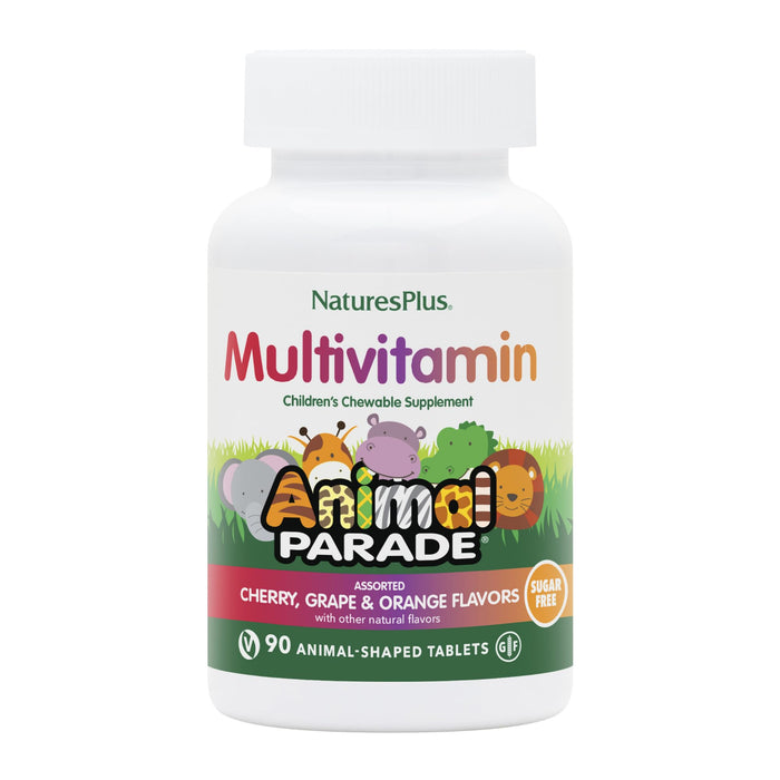 Natures Plus Animal Parade Sugar-Free Children's Multivitamin - Assorted Cherry, Grape & Orange Flavors - 90 Chewable Tablets - 45 Total Servings