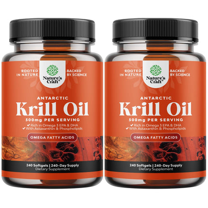 Natures Craft Antarctic Krill Oil 500mg Softgels - Omega-3 EPA/DHA + Astaxanthin - 2-Pack