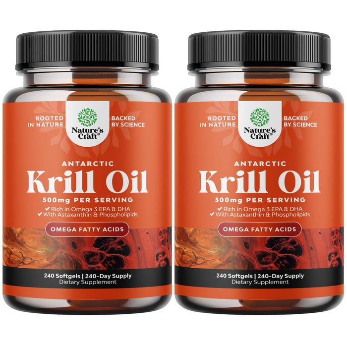 Natures Craft Antarctic Krill Oil 500mg Softgels - Omega-3 EPA/DHA + Astaxanthin - 2-Pack